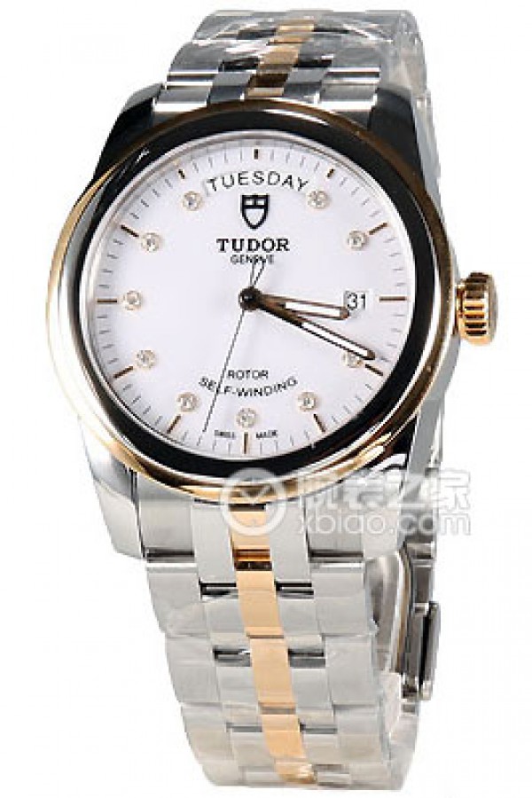 Tudor Grandeur 56003-68063: White dial with diamonds, gold bezel, and two-tone bracelet. Automatic machinery, precision steel, 39mm