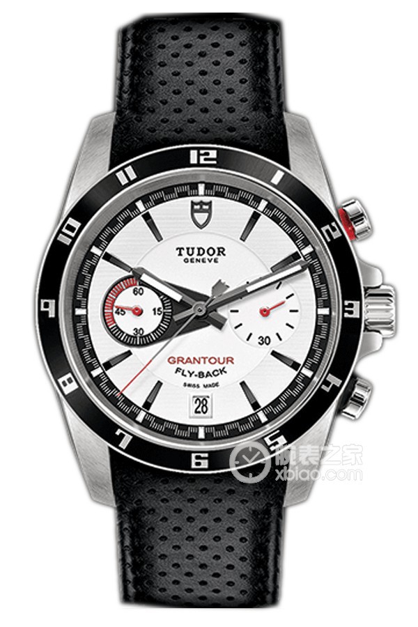 Tudor Granour 20550N: White dial, black leather strap, densely packed perforations. Automatic machinery, stainless steel, 42mm