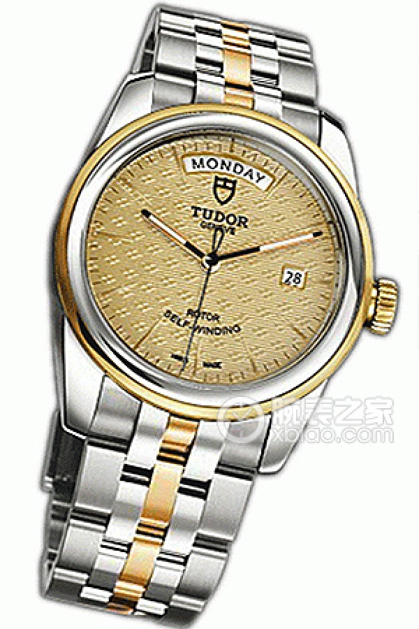 Tudor Grandeur 56003-68063 with gold dial, jacquard pattern, gold bezel, and two-tone bracelet Automatic machinery, stainless steel, 39mm