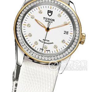 Tudor Grandeur 55023 - White dial with diamond-set gold bezel and white lizard leather strap Automatic machinery, stainless steel, 36mm - Image 1
