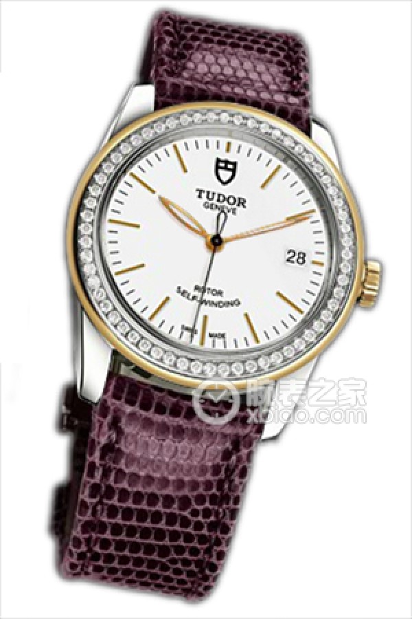 Tudor Grandeur 55023 - White dial, gold with diamonds, purple lizard leather strap Automatic machinery, stainless steel, 36mm