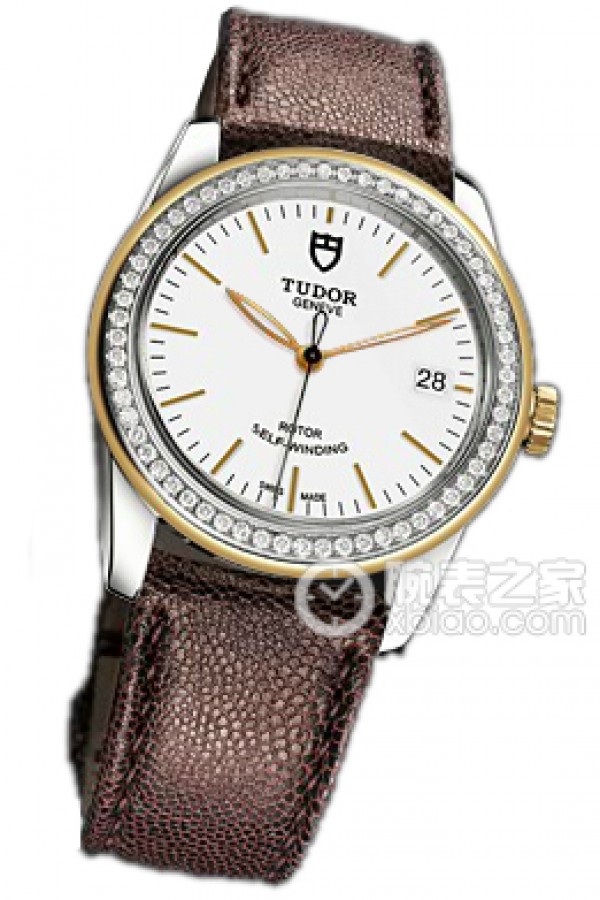 Tudor Grandeur 55023 - White dial, gold and diamond-set bezel, burgundy Javanese leather strap Automatic machinery, stainless steel, 36mm