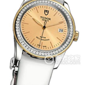 Tudor Grandeur 55023 - Gold Dial, Gold Bezel, Diamond-set White Patent Leather Strap Automatic machinery, stainless steel, 36mm - Image 1