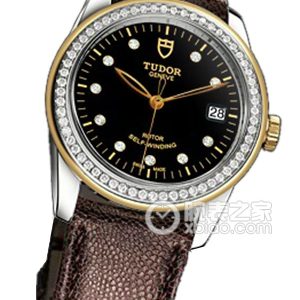 Tudor Grandeur 55023 - Black dial with diamond-encrusted gold bezel and burgundy Javanese leather strap Automatic machinery, stainless steel, 36mm - Image 1