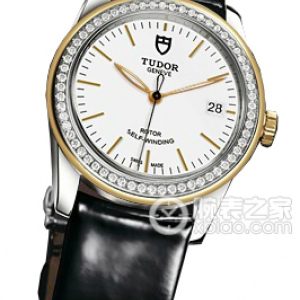Tudor Grandeur 53023 - White dial, gold with diamonds, shiny bezel, and black patent leather strap Automatic machinery, stainless steel, 31mm - Image 1