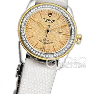 Tudor Jade 53023 - Gold Dial Jacquard Gold Bezel with Diamonds and White Lizard Leather Strap Automatic machinery, stainless steel, 31mm - Image 1