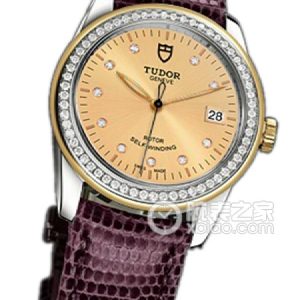 Tudor Grandeur 53023 - Gold Dial with Diamonds, Yellow Gold Bezel, and Purple Lizard Leather Strap Automatic machinery, stainless steel, 31mm - Image 1