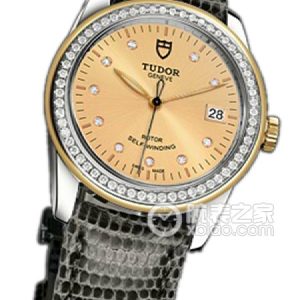 Tudor Grandeur 53023 - Gold Dial with Diamonds, Gold Bezel with Diamonds, Grey Lizard Leather Strap Automatic machinery, stainless steel, 31mm - Image 1