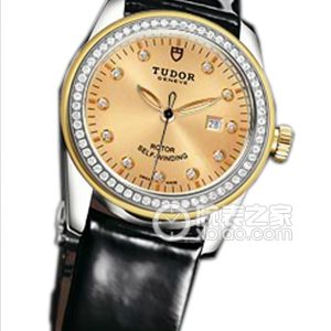 Tudor Grandeur 53023 - Gold Dial with Diamond Bezel and Black Patent Leather Strap Automatic machinery, stainless steel, 31mm - Image 1