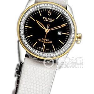 Tudor Grandeur 53023 - Black dial, gold and diamond-set bezel, white lizard leather strap Automatic machinery, stainless steel, 31mm - Image 1