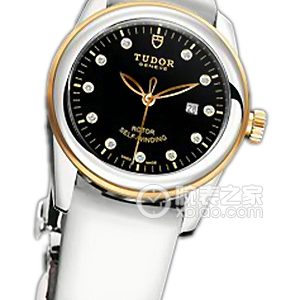 Tudor Grandeur 53003 - Black dial with diamonds, gold bezel, and white patent leather strap Automatic machinery, stainless steel, 31mm - Image 1
