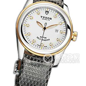 Tudor Jaguar 53003 - White dial with diamonds, gold bezel, and grey lizard skin trim Automatic machinery, stainless steel, 31mm - Image 1
