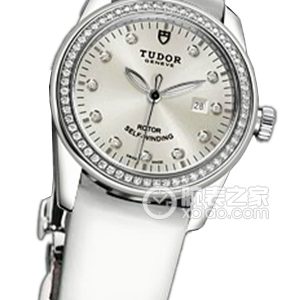 Tudor Grandeur 53020 - Silver Dial with Diamond-Studded Stainless Steel Bezel and White Patent Leather Strap Automatic machinery, stainless steel with diamond inlay, 31mm - Image 1