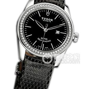 Tudor Grandeur 53020 - Black Dial, Stainless Steel with Diamond Set, Black Lizard Leather Strap Automatic machinery, stainless steel with diamond inlay, 31mm - Image 1