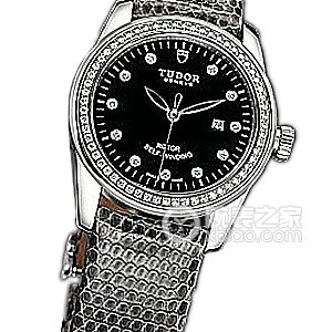 Tudor Grandeur 53020 - Black dial with diamond-set stainless steel bezel and grey lizard leather strap Automatic machinery, stainless steel with diamond inlay, 31mm