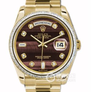 Rolex Day-Date 118398BR with Bullseye dial and diamonds Automatic mechanical design, 18k gold set with diamonds, outer ring also set with diamonds, 36mm.