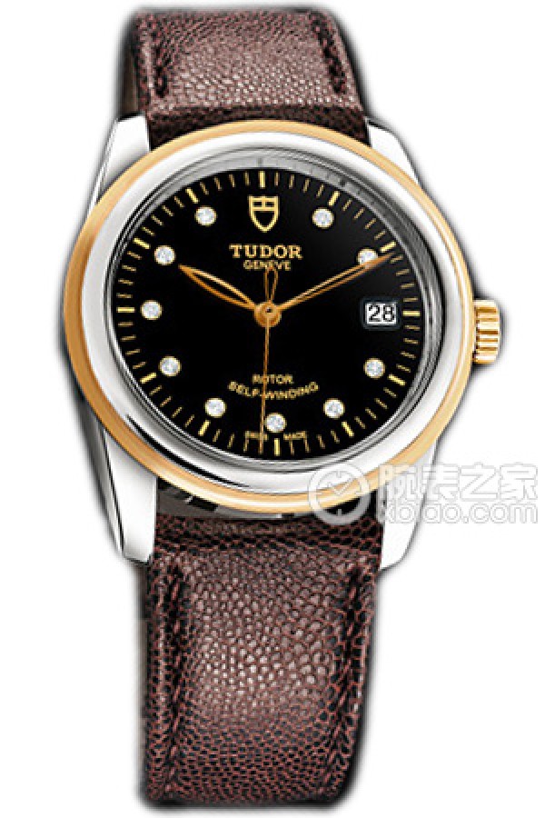 Tudor Junjue 55003-LS Black Dial with Diamonds, Gold Bezel, and Wine Red Javanese Leather Strap Automatic machinery, precision steel, 36mm