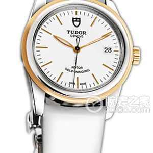 Tudor Grandeur 55003 with white dial, gold bezel, and white patent leather strap Automatic machinery, stainless steel, 36mm - Image 1
