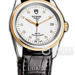 Tudor Grandeur 55003: White dial with diamonds, gold bezel, and black genuine leather strap. Automatic machinery, stainless steel, 36mm - Image 1