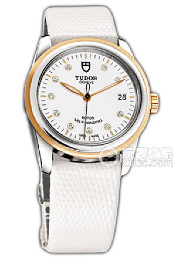 Tudor Junjue 55003-LS with white dial, diamond-set gold bezel, and white lizard leather strap Automatic machinery, precision steel, 36mm