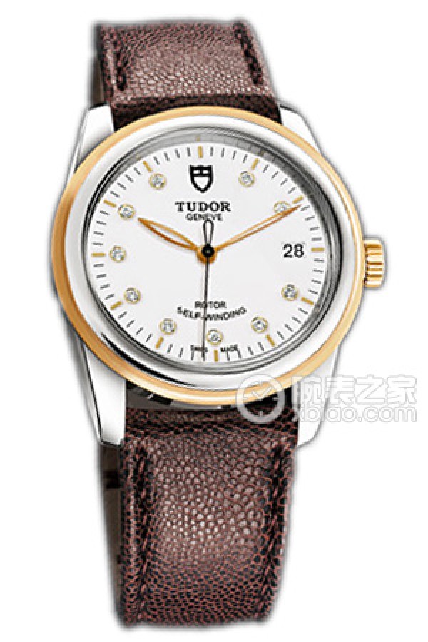 Tudor Junjue 55003-LS: White dial with diamonds, gold bezel, and burgundy Javanese leather strap Automatic machinery, precision steel, 36mm