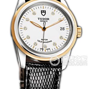 Tudor Junjue 55003-LS: White dial with diamonds, gold bezel, and black lizard leather strap. Automatic machinery, precision steel, 36mm - Image 1