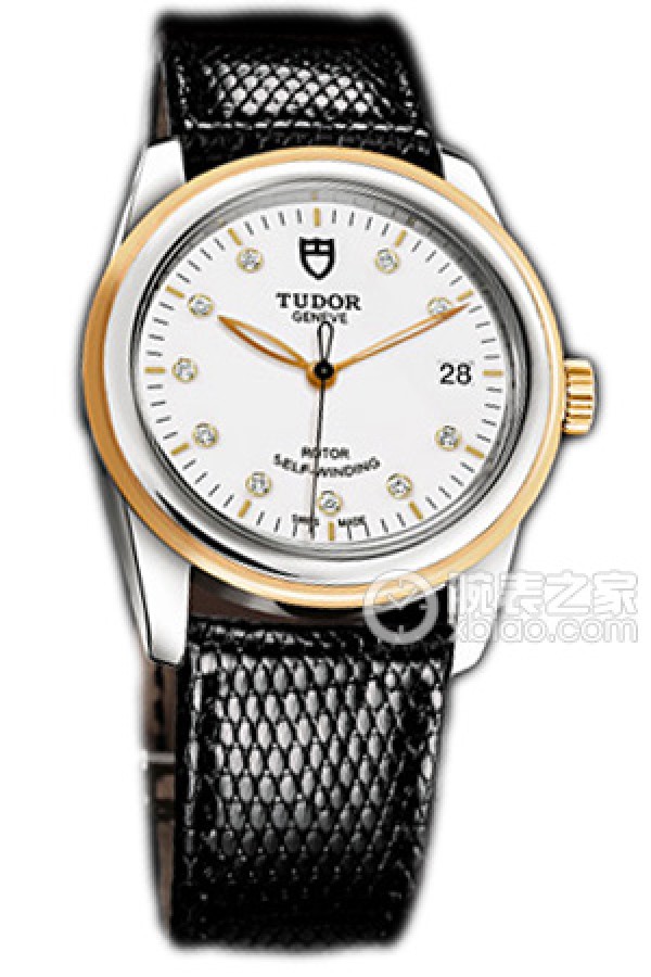 Tudor Junjue 55003-LS: White dial with diamonds, gold bezel, and black lizard leather strap. Automatic machinery, precision steel, 36mm