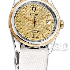 Tudor Jade 55003-LS with gold jacquard dial, gold bezel, and white lizard leather strap Automatic machinery, precision steel, 36mm - Image 1