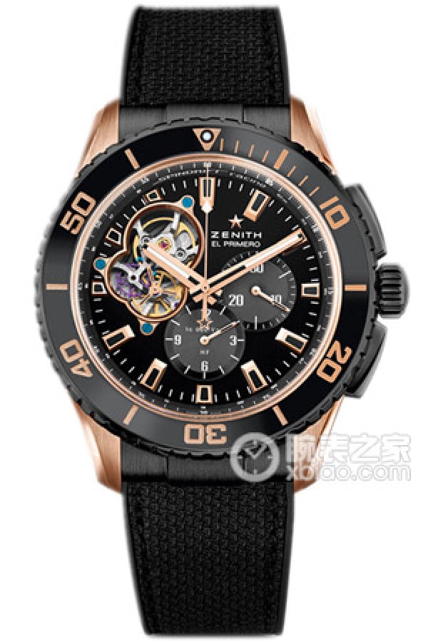 Zenith EL PRIMERO86.2060.4061/21.R573 Automatic mechanical movement, 18k rose gold, with DLC (diamond-like carbon) coated titanium pushers, crown, lugs and case back, 45mm (discontinued).