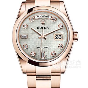 Rolex Day-Date 118205 with mother-of-pearl Oxford pattern and diamond setting Automatic mechanical, 18k rose gold, 36mm