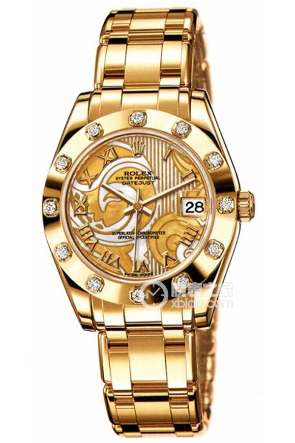 Rolex Pearlmaster 81318 with mother-of-pearl gold-plated dial and iridescent finish Automatic mechanical, 18k gold set with diamonds, 34mm