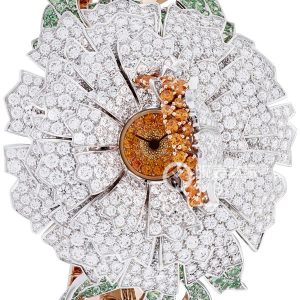 Van Cleef & Arpels Pivoine Secrète High Jewelry Watch Quartz, 18k white gold petals set with round diamonds and round spessartine garnets; white gold leaves set with round diamonds and round mint green tourmaline, 10mm - Image 1
