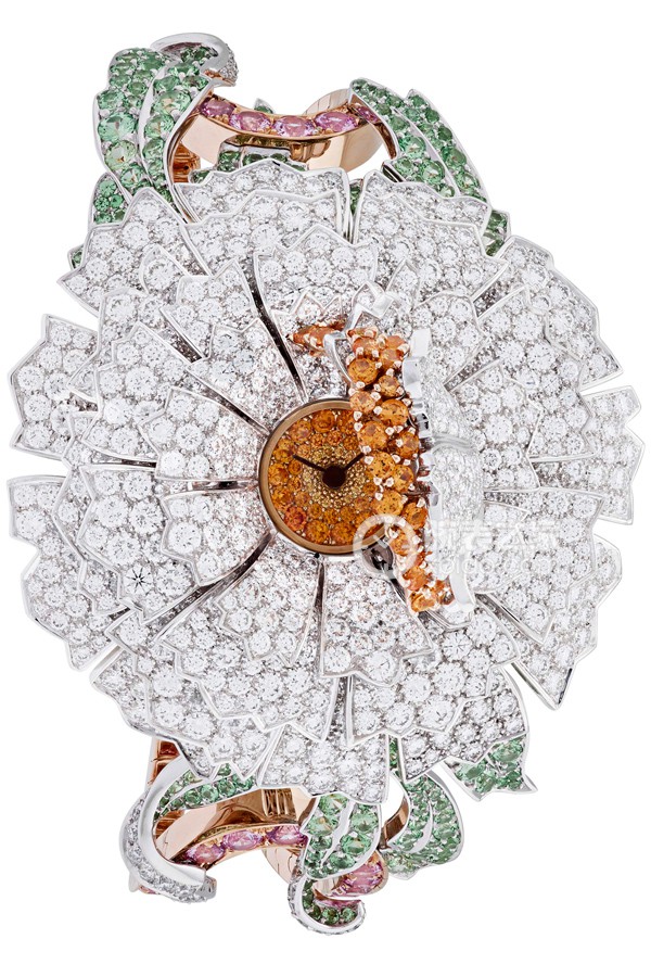 Van Cleef & Arpels Pivoine Secrète High Jewelry Watch Quartz, 18k white gold petals set with round diamonds and round spessartine garnets; white gold leaves set with round diamonds and round mint green tourmaline, 10mm