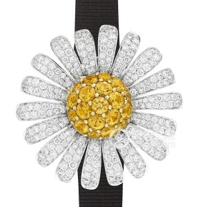Van Cleef & Arpels High Jewelry Watch VCARO8SP00 Quartz, 18k white gold petals set with round diamonds; yellow gold case back set with round yellow sapphires, 12mm. - Image 1