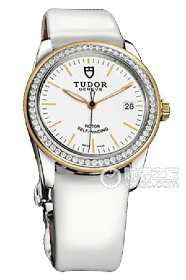 Tudor Grandeur 55023 - White dial, gold bezel with diamonds, white patent leather strap Automatic machinery, stainless steel, 36mm