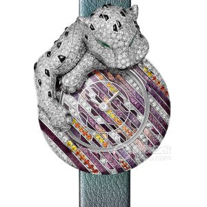 Cartier HPI01610 Quartz, 18k white gold plated with rhodium, decorated with purple enamel, set with 649 brilliant-cut round diamonds, 4 yellow diamonds, and 12 spessartine garnets, 29.1 x 35.9mm - Image 1